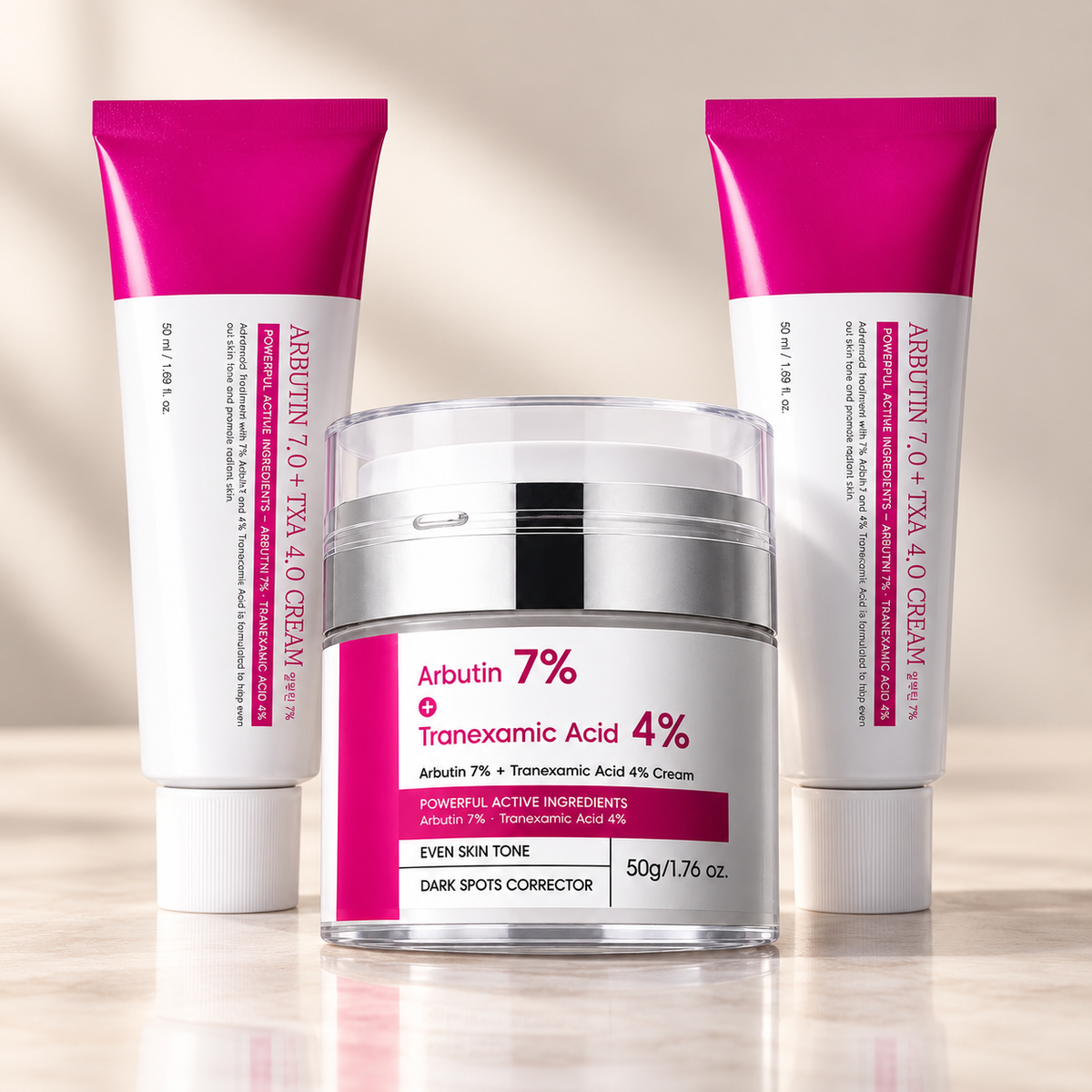 Bundle: two Arbutin 7% + TXA 4% cream tubes and one pump jar