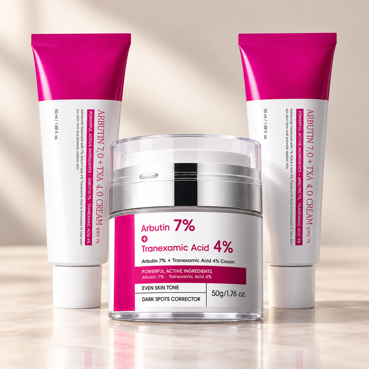 Bundle: two Arbutin 7% + TXA 4% cream tubes and one pump jar